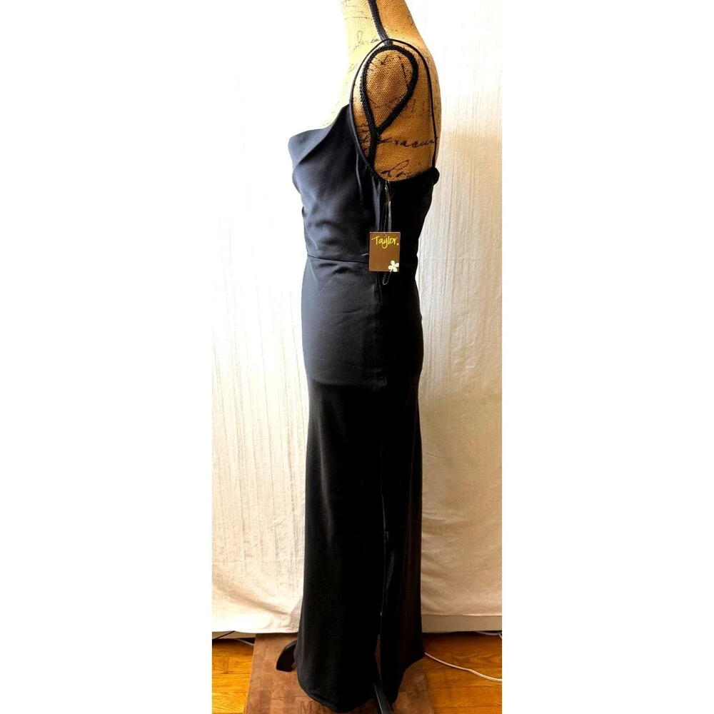Taylor Black Formal Evening Dress Satin Open Back Maxi Gown Women's Size 4 NWT